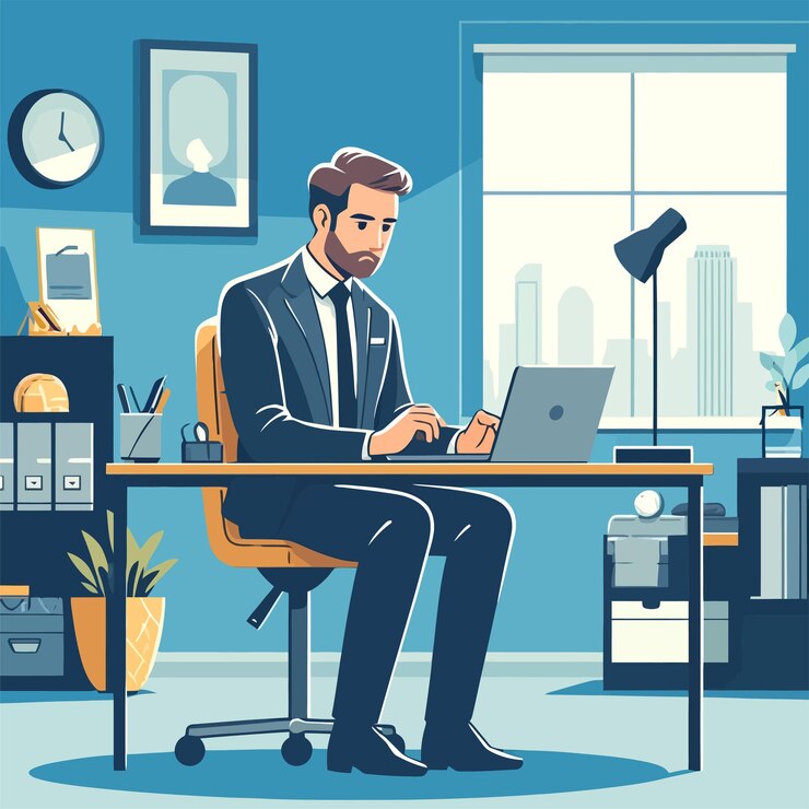 Vector ilustración de un hombre de negocios trabajando en línea desde casa con una computadora portátil