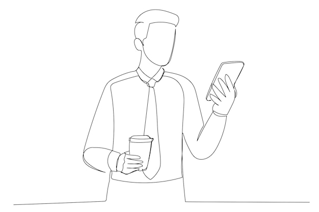 Ilustración de un hombre de negocios usando un teléfono inteligente al aire libre Arte de estilo de una línea