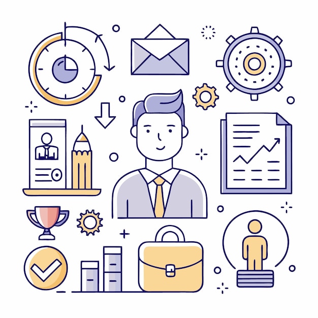 Una ilustración de un hombre de negocios con varios íconos relacionados con el trabajo y el éxito