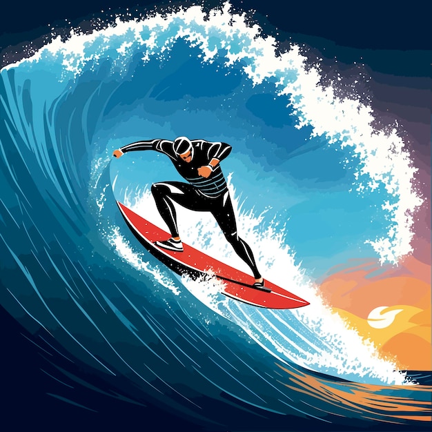 Ilustración hombre del océano surfeando grandes olas día