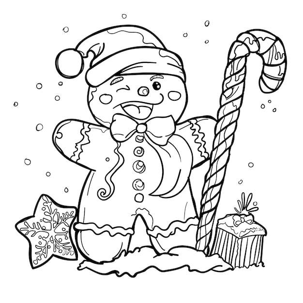 Ilustración de un hombre de pan de jengibre guiñando con un bastón de caramelo y un pequeño regalo en una escena de invierno nevado