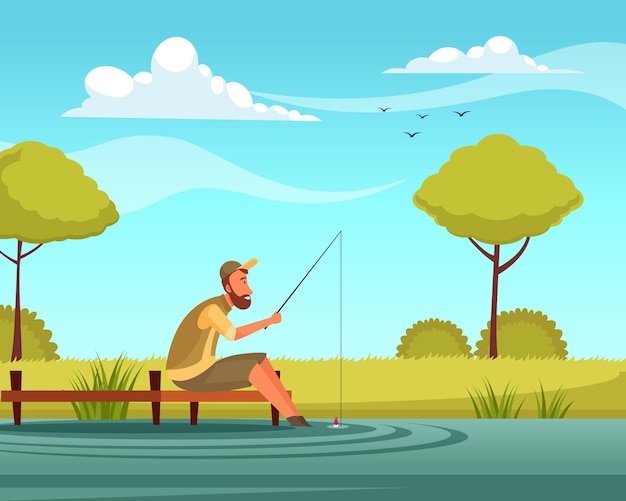 ilustración de un hombre pescando en el lago