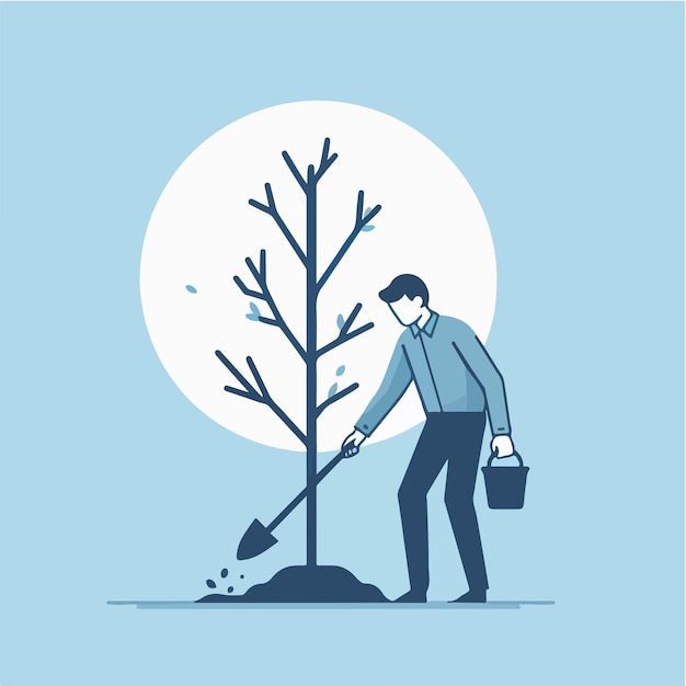 Ilustración de un hombre plantando un árbol en un estilo de diseño plano simple