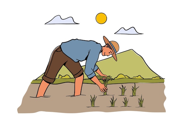 Ilustración del hombre plantando arroz en un arrozal