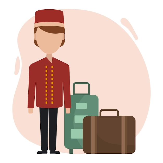 Ilustración hombre portero de hotel y maletas sobre un fondo abstracto Ilustración de dibujos animados