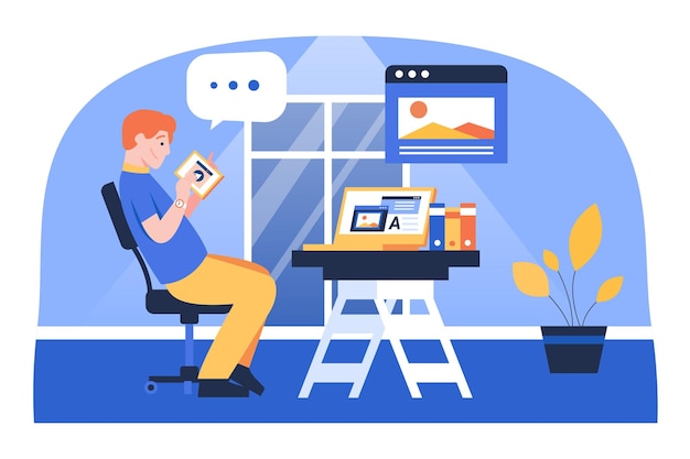 Ilustración de un hombre sentado y escribiendo ideas de contenido