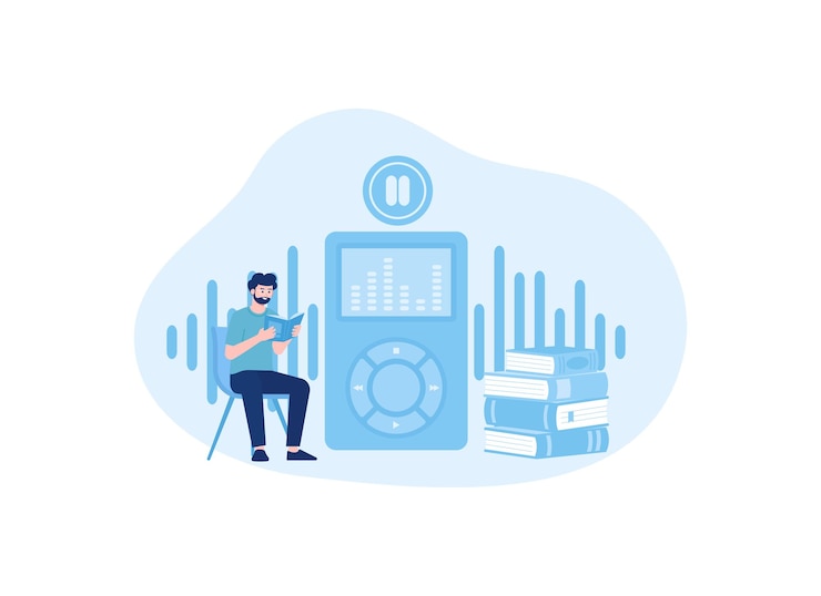 Vector ilustración de un hombre sentado en una silla junto a una ilustración plana del concepto de tendencia del reproductor de música