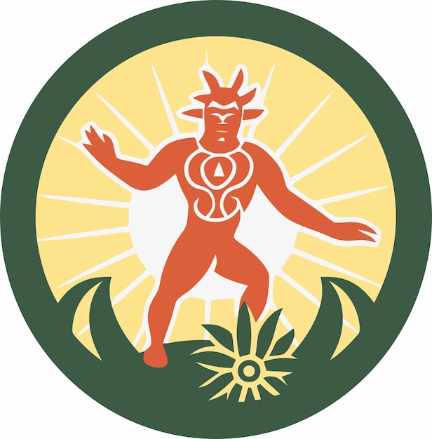 Una ilustración de un hombre con un símbolo de sol en el medio.