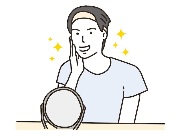 Ilustración de un hombre sonriente cuidando la piel mientras se mira en el espejo