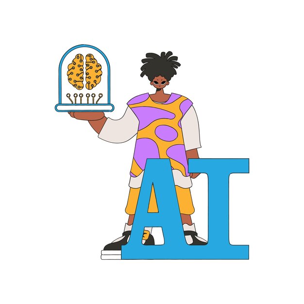 Ilustración de un hombre sosteniendo un cerebro de IA digital.