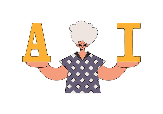 .Ilustración de un hombre sosteniendo letras AI en un tema vectorial AI.