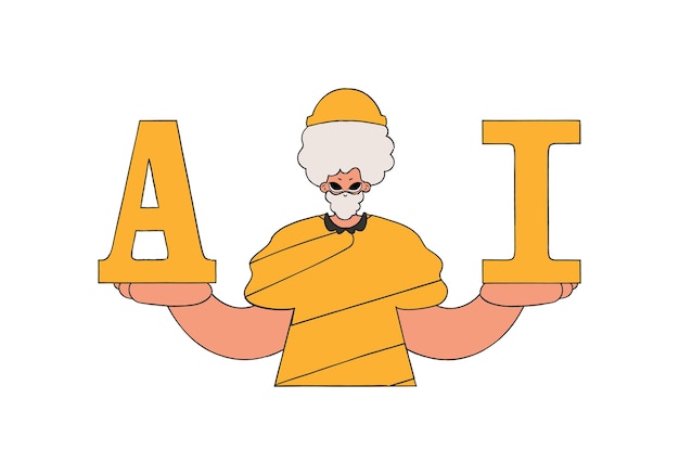 Ilustración de un hombre sosteniendo las letras A e I, tema AI.