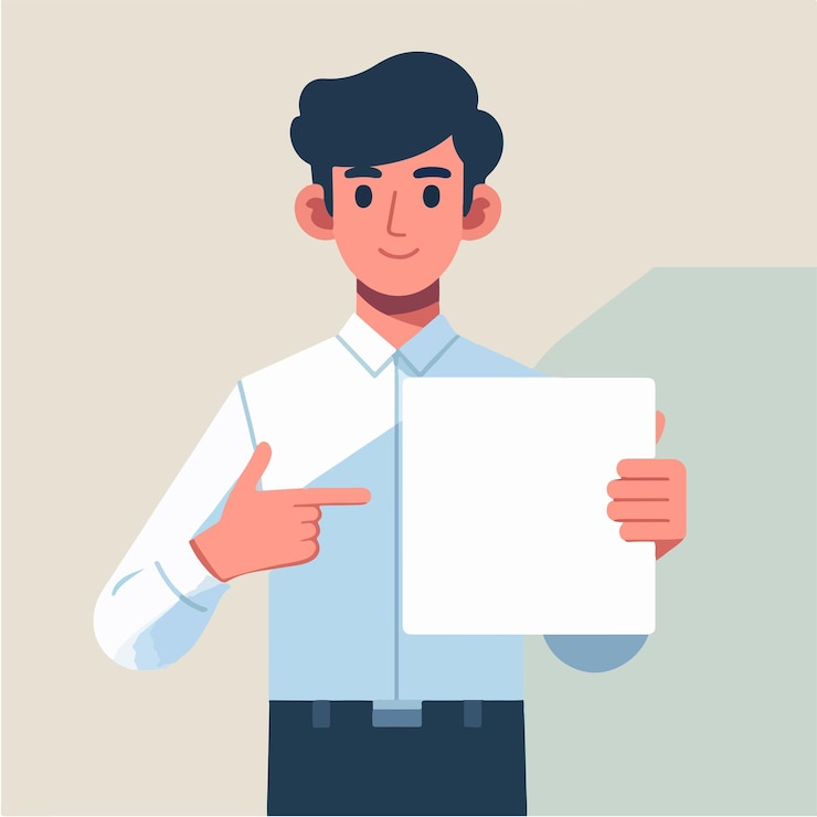 Vector ilustración de un hombre sosteniendo un papel en blanco en un estilo de diseño plano