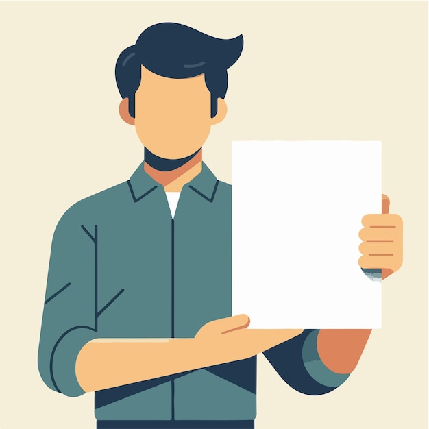 Ilustración de un hombre sosteniendo un papel en blanco en un estilo de diseño plano