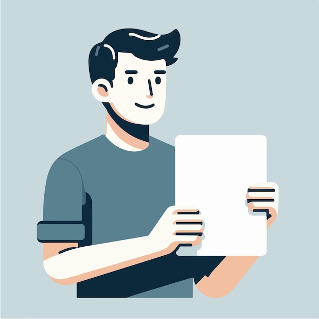 Ilustración de un hombre sosteniendo un papel en blanco en un estilo de diseño plano