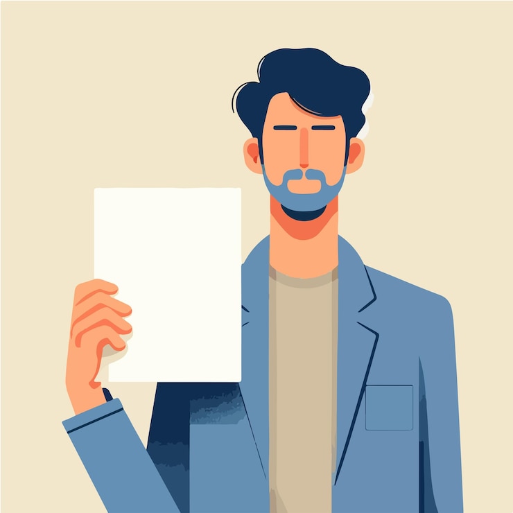Vector ilustración de un hombre sosteniendo un papel en blanco en un estilo de diseño plano