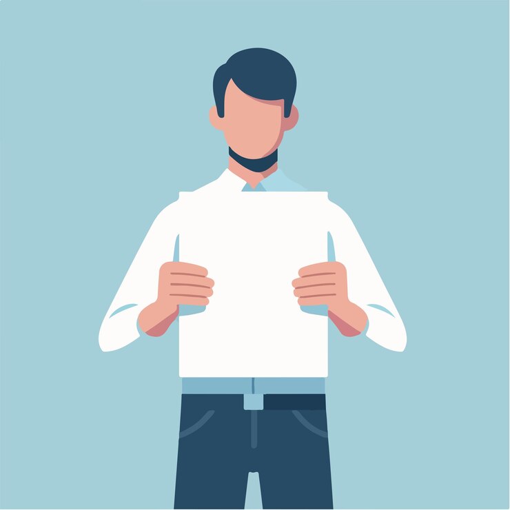 Vector ilustración de un hombre sosteniendo un papel en blanco en un estilo de diseño plano