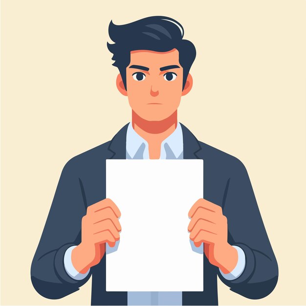Ilustración de un hombre sosteniendo un papel en blanco en un estilo de diseño plano