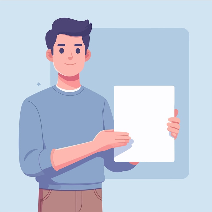 Vector ilustración de un hombre sosteniendo un papel en blanco en un estilo de diseño plano