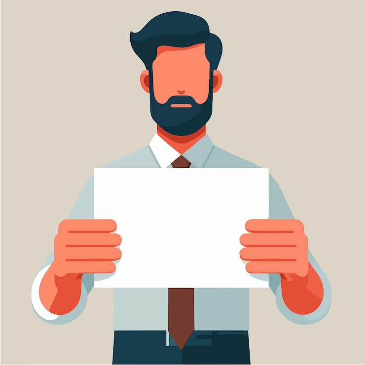 Vector ilustración de un hombre sosteniendo un papel en blanco en un estilo de diseño plano