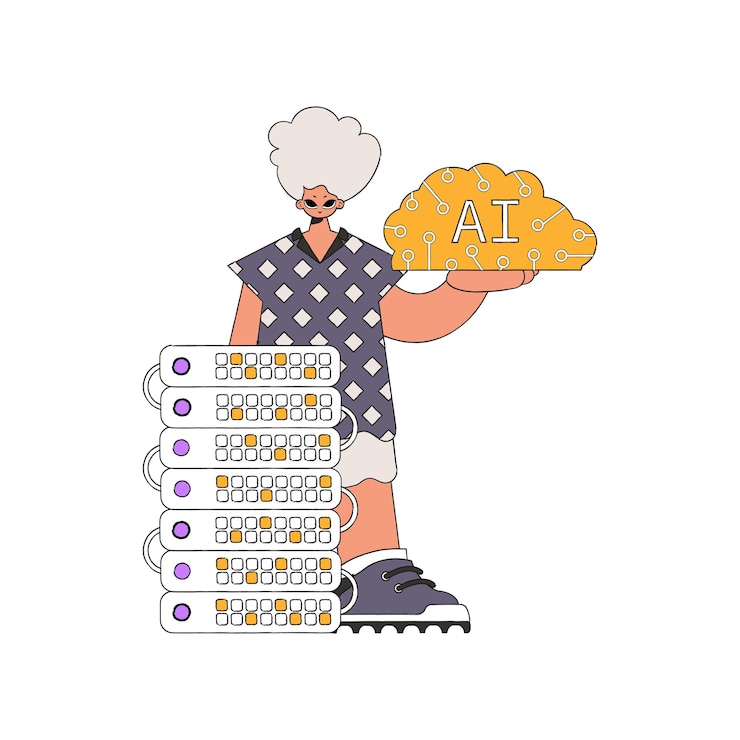 Vector ilustración de un hombre sosteniendo un vector cerebral de ia.