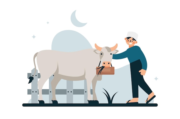 Ilustración de un hombre con su vaca que será sacrificada