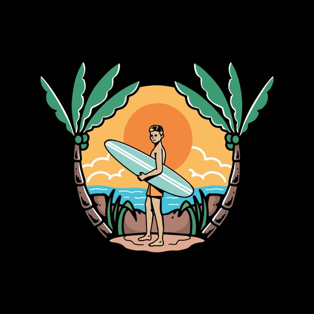 Ilustración de un hombre con una tabla de surf en la playa