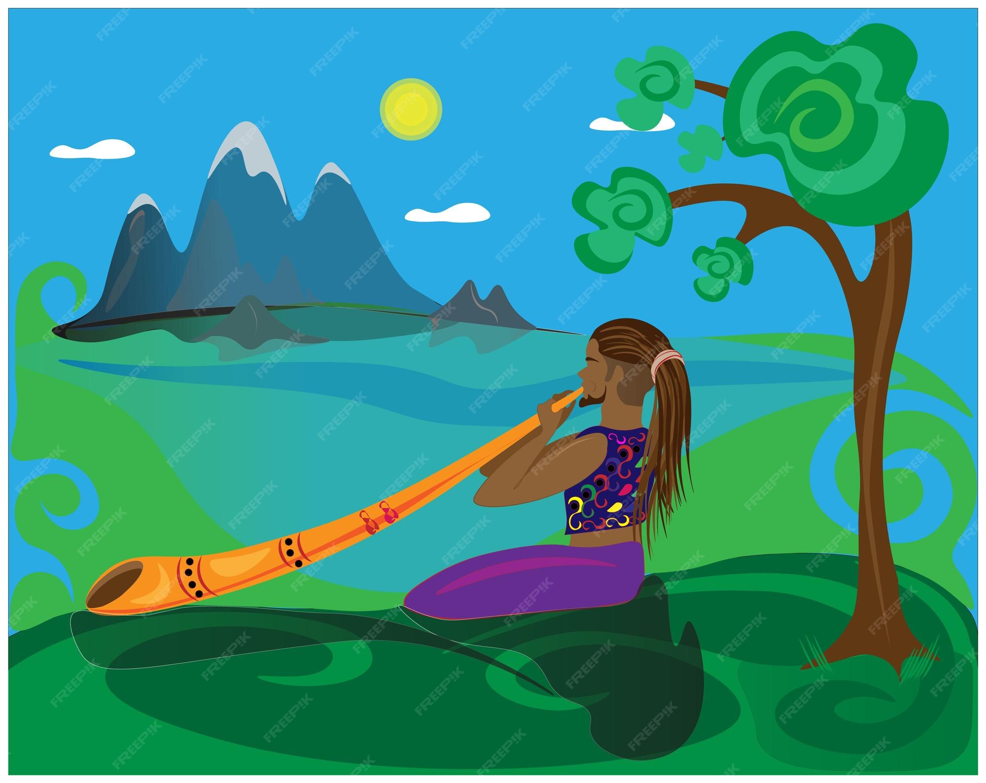 Ilustración de un hombre tocando el didgeridoo con el telón de fondo de un  hermoso paisaje montañoso, un hombre guapo se sienta en la hierba y toca el  didgeridoo. su música cura