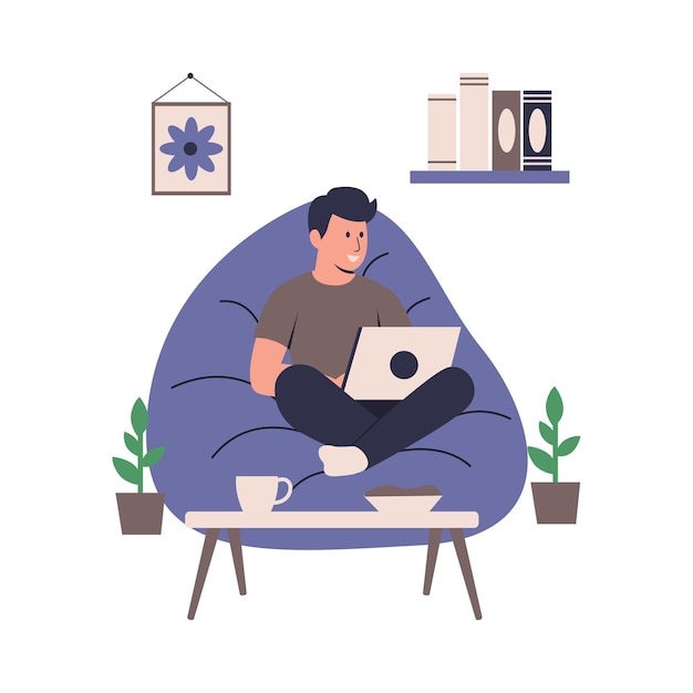Ilustración de un hombre trabajando en una computadora portátil en un espacio de trabajo acogedor