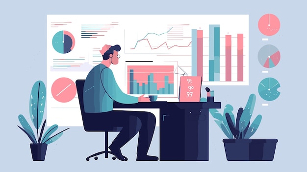 Ilustración de un hombre trabajando en un trabajo de presentación de negocios