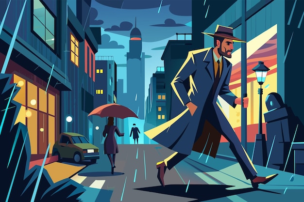 Ilustración de un hombre con una túnica de trinchera y fedora sosteniendo un paraguas caminando apresuradamente por una calle lluviosa de la ciudad por la noche con edificios coloridos un rascacielos lejano