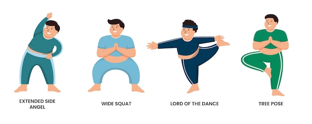 Vector ilustración de hombres gordos haciendo ejercicios de postura de yoga