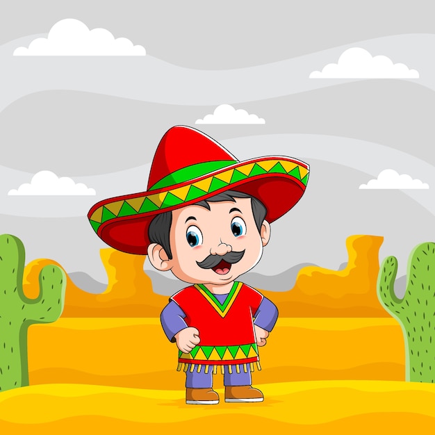 La ilustración de los hombres mexicanos de pie en el desierto usa el sombrero rojo