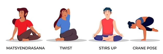 Vector ilustración de hombres y mujeres haciendo ejercicios de postura de yoga