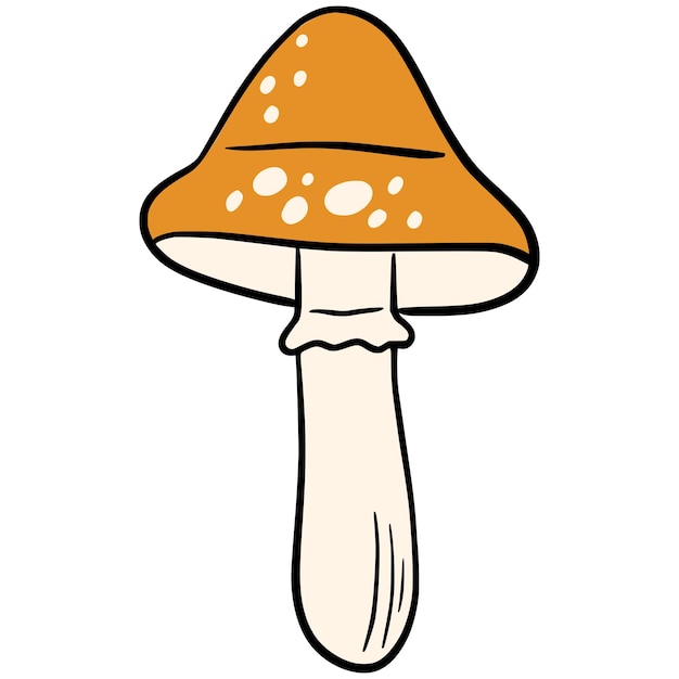 Ilustración de un hongo con tapa de naranja con tallo blanco y manchasPerfecto para temas de bosque