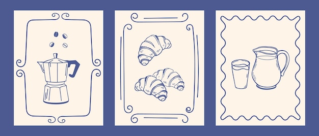 Ilustración de la hora del desayuno con croissants de café y leche