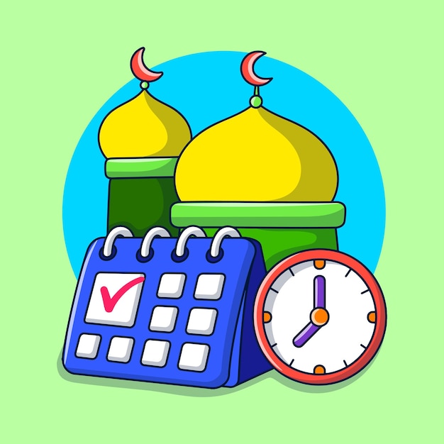 Vector ilustración de hora y fecha de ramadán con diseño de dibujos animados dibujados a mano
