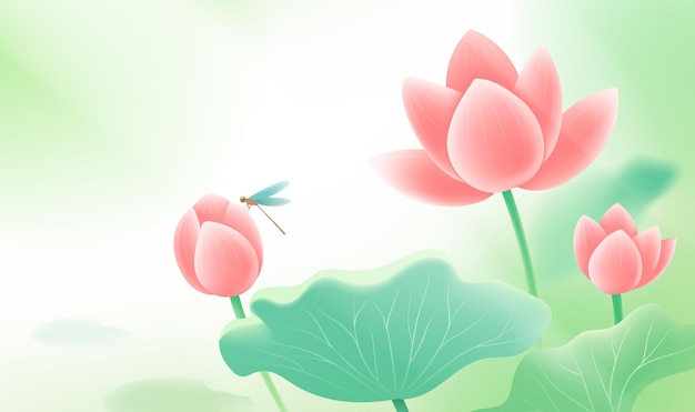 Ilustración horizontal al estilo de dibujos animados de libélulas de pie en flores de loto