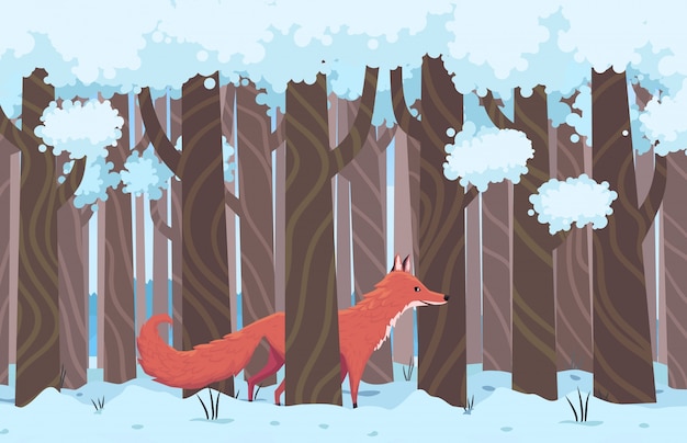 Vector ilustración horizontal del bosque de invierno con astuto zorro.