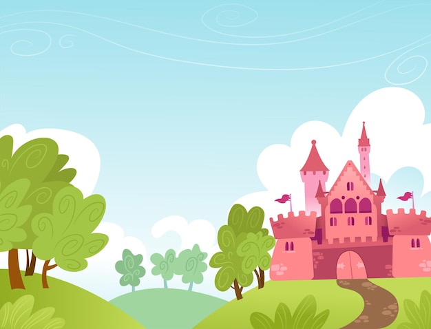 Ilustración horizontal de un castillo de fantasía rosa