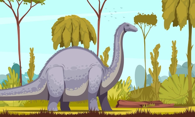 Ilustración horizontal de dinosaurios con imagen de dibujos animados de diplodocus como dinosaurio herbívoro más largo y más grande