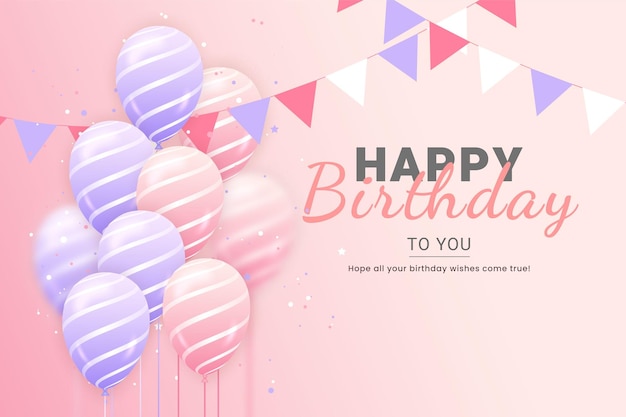 Ilustración horizontal de feliz cumpleaños con globo rosa y morado realista en 3d sobre fondo rosa