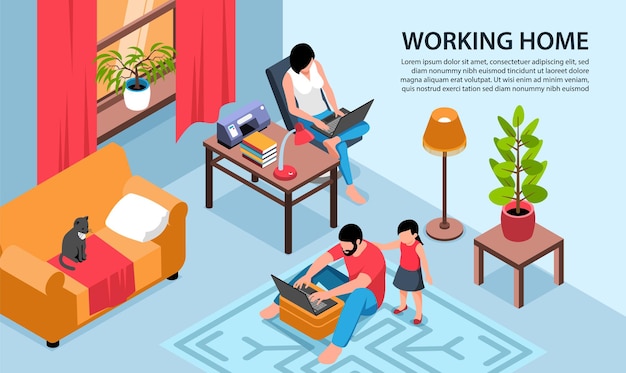 Ilustración horizontal isométrica de trabajo en casa con paisaje de sala de estar y padres con computadoras portátiles y texto