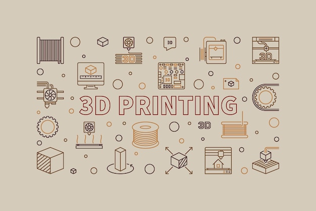 Ilustración horizontal de línea vectorial de fabricación aditiva de banner de contorno creativo de impresión 3D