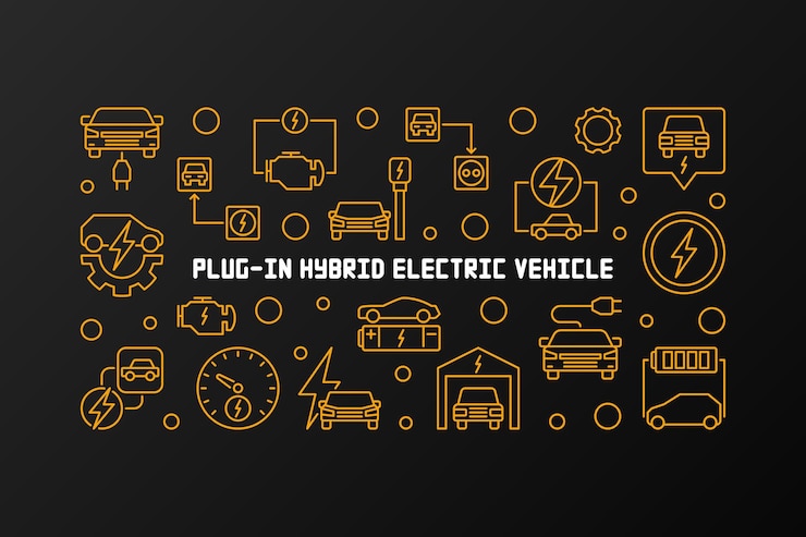 Vector ilustración horizontal lineal de vector de vehículo eléctrico de complemento