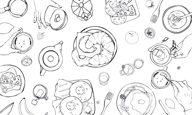 Ilustración horizontal sobre el tema del desayuno. mesa dibujada a mano de vector blanco y negro con bebida, panqueques, sándwiches, huevos, croissants y frutas. vista superior.