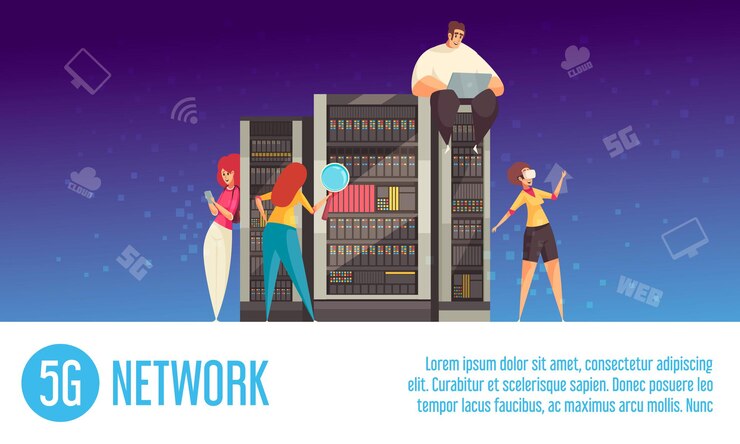 Vector ilustración horizontal de tecnología de internet con jóvenes que utilizan la red global 5g