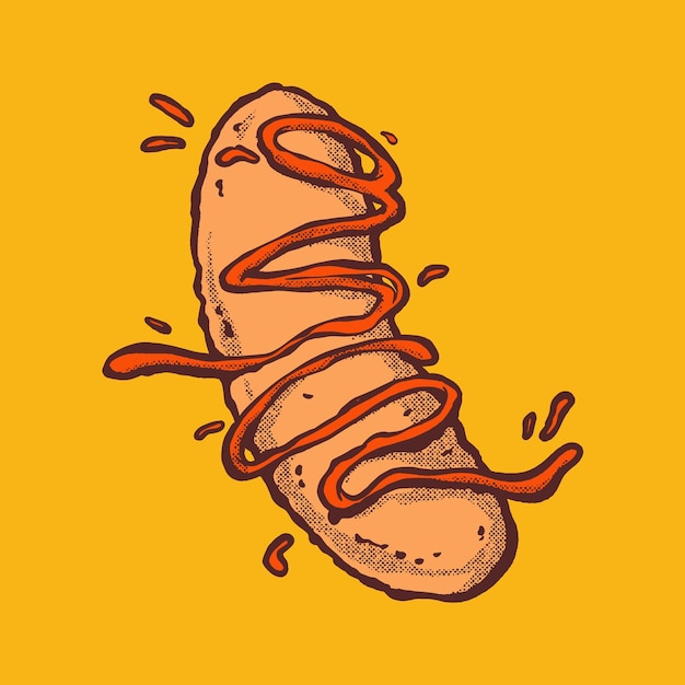 Vector ilustración de hot dog con salsa salpicada técnica dibujada a mano