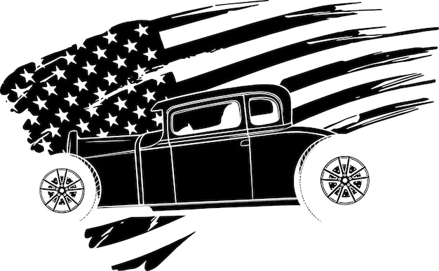 Ilustración de hot rod con bandera americana