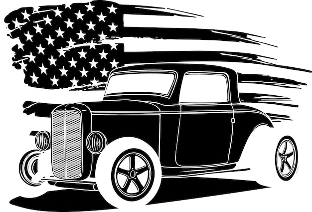 Ilustración de hot rod con bandera americana